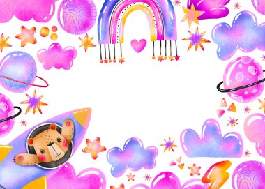 Bebek için yatay sınır çerçevesi. Oyuncak ayı uzay gemisi roketiyle bebek kartı partisi. Gökyüzü macerasında. Büyük treveller el çizimi karikatür şablonu bayram doğumu için yeni doğan