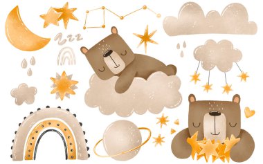 Oyuncak ayı bulutların üstünde uyuyor. Altın yıldızlı, bulutlu, gökkuşaklı ayı. Uzay ve evren. Elle çizilmiş çocuksu bir resim. Bebek odası, bebek odası.