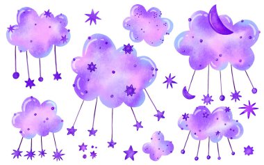 İpleri üzerinde yıldızlar olan mor bulutlar. El çizimi bebek odası etiketleri. Gökyüzü elemanları. Boşluk kolleksiyonu