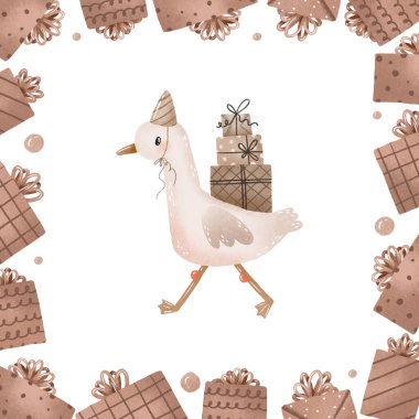 Hediye ve hediyelerle sınır çerçevesi, doğum günü kazları, ördekler, kuğular, kazlar. Doğum günü kartı. El çizimi