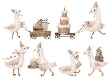 Küçük kaz koleksiyonu. Aptal ördek, bebek kazlar, bebek doğumu için çizilmiş karikatür çizimleri, yeni doğan kartları. Mutlu yıllar. 