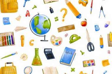 Okul malzemeleriyle kusursuz bir geçmişi var. Bilgi eğitim araçları. El çizimi öğrenci modeli