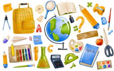 Okula sonbahar seti. Okul malzemeleri, dünya, sırt çantası kalemler. Bilge öğrenci seti. El çizimi karikatür izole çizimi