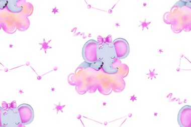 Yeni doğmuş fil bulutların üzerinde uyur. Peri masalı gibi kusursuz bir bebek. Çocuklar için pembe arkaplan