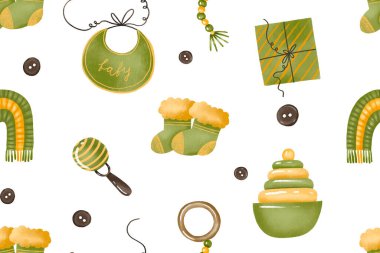 Çocuklar için şirin şeyler, bebek aksesuarları, piramit, gökkuşağı, oyuncaklar, emzikler, kıyafetler, el yapımı arka plan i. Yürüyen Çocuk