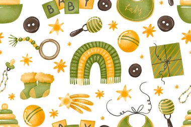 Yeni doğanlar için kusursuz desenli şeyler. Kıyafet, piramit, balon, oyuncak, gökkuşağı emziği, yıldız, bayrak, banyo, mobilya. Tekstil arka planını yazdır. Karikatür el çizimi suluboya stilinde