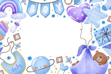 Oyuncak ayıyla bebek partisi için davetiye. Cinsiyet partisi erkek kartıdır. Bebek partisi davetiyesi, kart, bebek eşyalarıyla pankart. Oğlan oldu. Suluboya çizimi