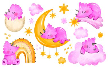 Yeni doğmuş bebek dinozorlar. Bulut, ay, gökkuşağı ve bulut üzerinde uyuyan bir grup dinozor. Bebek kız seti. Bu bir bebek partisi. Yatak odası süslemesi suluboya