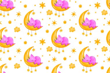 Küçük pembe dinozor Ay 'da uyuyor. Bebek odası, bebek odası yatak odası için dikişsiz desen. Yeni doğan çocuk suluboya çocuklar için sonsuz arka plan