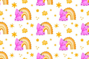Küçük kız pembe dinozor ve gökkuşağı. Gökyüzü modeli. Bebek odası, bebek odası yatak odası için dikişsiz desen. Yeni doğan çocuk suluboya çocuklar için sonsuz arka plan