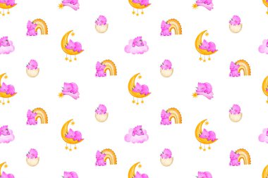 Pembe suluboya dinozorları olan kusursuz bir bebek. Dino bulutların ve yıldızların üzerinde uyur. Yukarıda, gökyüzünde. Yatma vakti. Bebek odası tekstil kağıdının deseni. O bir kız.