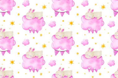 Tüylü bulutların üzerinde uyuyan kusursuz desenli yeni doğmuş bebek tavşan. Yeni doğan kız için pembe suluboya deseni. Çocuk odası arka planı, yatak odası deseni. İyi geceler dekor. hayal