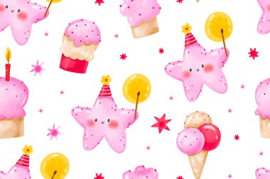 Pembe yıldız balığı, pasta, tatlılar doğum gününü kutlar. Doğum günü için serçe parmağım pürüzsüz. Mutlu Yıllar arkaplanı