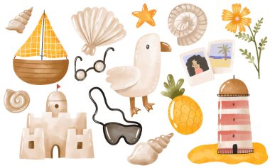Yaz atmosferi seti. Yaz koleksiyonunda kumdan kale, tekne, martı ve deniz feneri var. Yaz tatili çizilmiş çizgi film çizimi