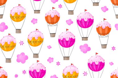 Kusursuz desenli sıcak hava balonu, yıldızlar, gökyüzü. Yukarıda, gökyüzünde. Hava taşımacılığı. Macera ve seyahat. İzole edilmiş arkaplanda elle çizilmiş suluboya deseni