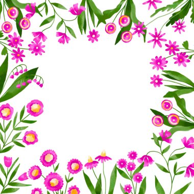 Çiçek açan kır çiçekleri ve otlarla dolu düğün kartı. El çizimi suluboya çiçek çiçeği kare çerçeve yerleştirme