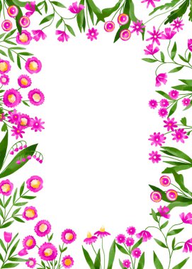 Çiçek açan kır çiçekleri ve otlarla dolu düğün kartı. El çizimi suluboya çiçekleri dikey kenar çerçeve girişimi