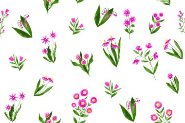 Çiçek tarlası yaban çiçekleri pürüzsüz desenli. Pembe çiçekler, papatya çiçekleri. El çizimi suluboya çizimi. Tekrarlanan arkaplan