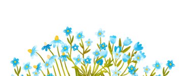 Suluboya kır çiçeklerinin sınır çerçevesi. Mavi renkler çiçek açar. Daisy, lale, çiçek, yabani ve fantezi çiçekleri. Tarla Çiçekleri. Düğün davetiyesi. Dekor