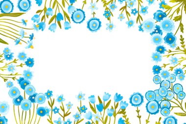 Suluboya kır çiçeklerinin yatay kenar çerçevesi. Mavi renkler çiçek açar. Daisy, lale, çiçek, yabani ve fantezi çiçekleri. Tarla Çiçekleri. Düğün davetiyesi
