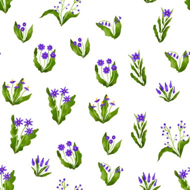 Bahar renkli çiçek elementleri suluboya. Yaban çiçeğinin kusursuz desenli çiçekleri, yaprak dalı. Bitki deseni. Tekrarlanan arka plan. Paskalya ve Şükran Günü için el çizimi illüstrasyonları 