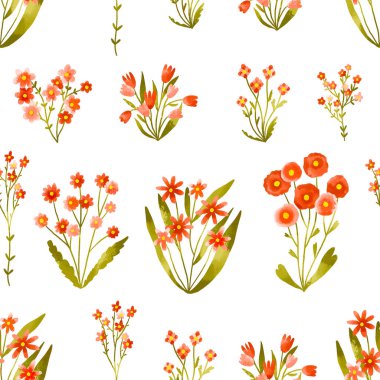 Kusursuz desenli suluboya kırmızı tarla çiçekleri ve kır çiçekleri. Botanik illüstrasyon asgari düzeyde. Çiçekli el çizimi illüstrasyon. Paskalya arkaplanı