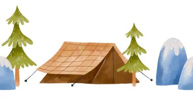 Orman kampı kusursuz sınır düzeni. Yürüyüş, çam ağacı, dağ, kamp malzemeleri suluboya arka plan