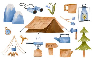 Capming ve Dağ turizm ekipmanları. El çizimi orman pikniği suluboya çizimi