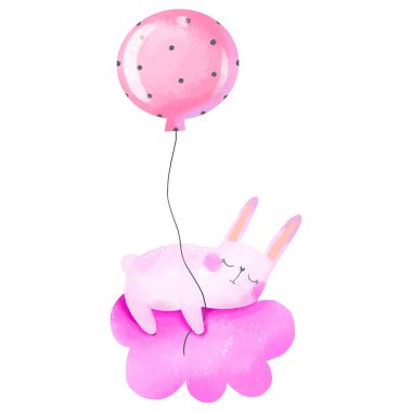 Şirin Tavşan pembe bulutların üzerinde uyuyor ve hava balonunda uçuyor. İzole edilmiş bir arkaplanda suluboya resimli bebek partisi. Yeni doğmuş. Bebek odası, tekstil, baskı, çıkartma için mükemmel.