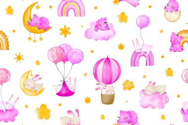 Yeni doğmuş tavşan, tavşan, dinozorlar bulutlarda, gökkuşağında ve gökyüzünde uyur. Pembe, pürüzsüz bir bebek. Çocuklar için tekrarlanan bir geçmiş. Bebek rüyası, yıldızlı bebek tasarımı