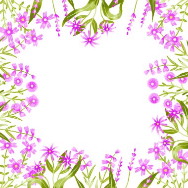 Mor çiçekli kare tebrik kartı. Botanik el çizimi suluboya çizimi. Kart şablonu