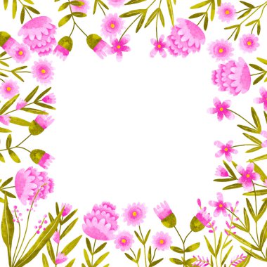 Kare kenarlık çerçevesi Pink yaprağı kır çiçekleri. Botanik el, izole arkaplana suluboya çizimi yaptı. Tebrik kartı