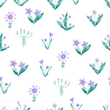 Kusursuz sonsuz desen. Mavi yapraklı kır çiçekleri. Botanik el, izole arkaplana suluboya çizimi yaptı. Bitkisel Arkaplan