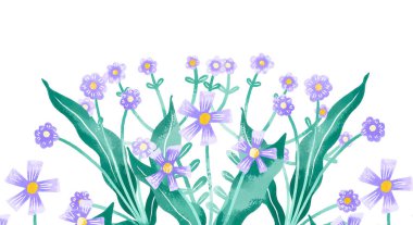 Kenar başlığı dekoru. Mavi yapraklı kır çiçekleri. Botanik el, izole arkaplana suluboya çizimi yaptı. Bitkisel dekor