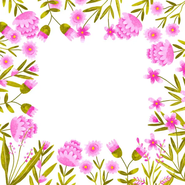 Kare kenarlık çerçevesi Pink yaprağı kır çiçekleri. Botanik el, izole arkaplana suluboya çizimi yaptı. Tebrik kartı