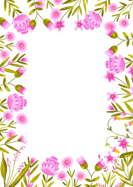 Dikey sınır çerçevesi Pink yaprağı kır çiçekleri. Botanik el, izole arkaplana suluboya çizimi yaptı. Tebrik kartı