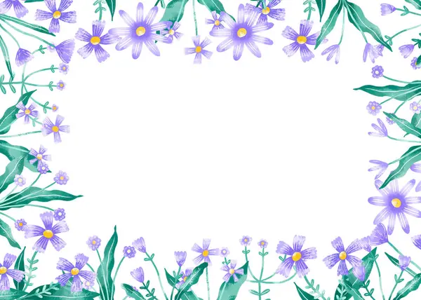 Yatay Sınır çerçevesi mavi yapraklı kır çiçekleri. Botanik el, izole arkaplana suluboya çizimi yaptı. Düğün için bitkisel tasarım