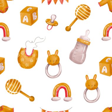 Kusursuz desen, yeni doğan bebekler için çocuk resimlerinin arka planı. Çocuk kıyafetleri, oyuncaklar, emzikler, bebek bezi, süt şişesi. Boho takımı. El çizimi suluboya çizimi 