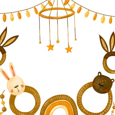 Çocuk partisi için kartpostal davetiyesi. Yaşamın ilk yılı. Boho oyuncakları ve cep telefonunu bağlar. Çocuk partisi. Çocuk aksesuarları. El yapımı illüstrasyon Watercolo