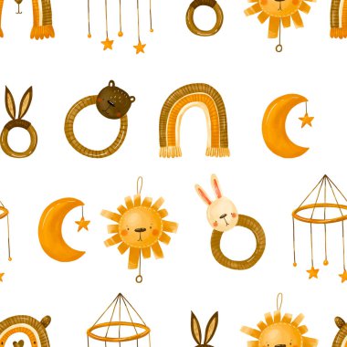 Yeni doğanlar için kusursuz desen. Çocuk partisi için arka plan. Yaşamın ilk yılı. Çocukların boho oyuncakları, bebek hayvanlar, gökkuşağı, mobil, aslan bağları. El çizimi suluboya