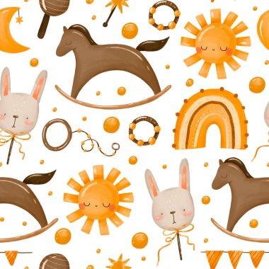 Tahta at, tavşan, güneş ve bebek için ay desenli kusursuz bir desen. Ata binmek. Yeni doğmuş. Sonsuz özgeçmiş. İzole edilmiş arkaplanda elle çizilmiş suluboya çizimi