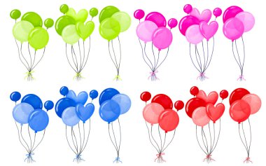Renkli tatil dekoru seti, yıldönümü helyum balonları. Çember, yuvarlak, kalp altın hava balonları elle çizilmiş suluboya koleksiyonu