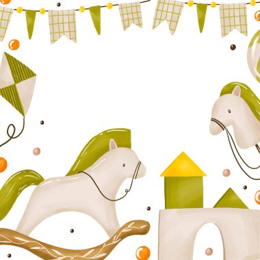 Kare sınır çerçevesi Merhaba bebek cinsiyet ayrımı kartı. Selamlama pankartı, sallanan atı, roketi, çantası, bayrakları, blok kalesi olan yeni doğan bebek posteri. Yeni doğan için el yapımı tebrik kartı. Erkek ya da kız.