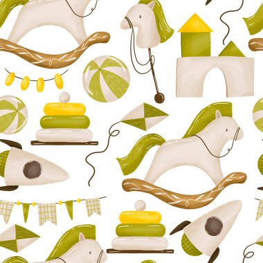 Sallanan atla çocuk oyuncakları kusursuz. Çocukça desenli kumaş baskısı ya da ambalajı, duvar kağıdı, çocuk odası elementleri. At, roket, set, piramit, top, bayraklar arka plan