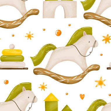 Sallanan at oyuncağı, küp kale ve piramit bebek oyunları. Yenidoğan, bebek ve bebek için sonsuz bir geçmiş