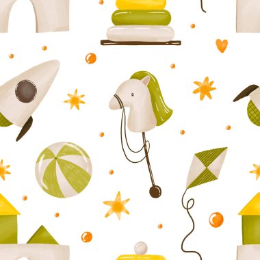 Yeni doğmuş bebek partisi kusursuz. Bebek partisi için arka plan. Cinsiyet ayrımı yok. Tahta oyuncak. Bebek oyuncakları, oyun. El çizimi suluboya çizimi. Çocuk partisi ambalajı, tekstil, kreş