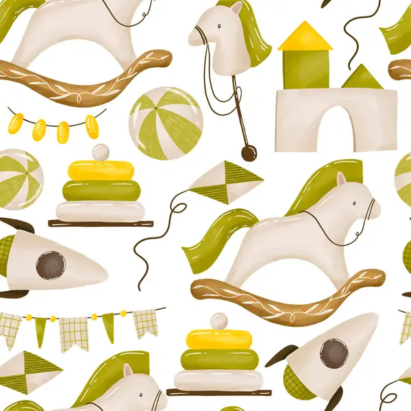 Sallanan atla çocuk oyuncakları kusursuz. Çocukça desenli kumaş baskısı ya da ambalajı, duvar kağıdı, çocuk odası elementleri. At, roket, set, piramit, top, bayraklar arka plan