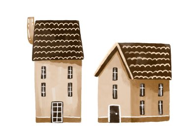 Çizgi film evleri, evler, izole edilmiş arka plandaki şehirler. Suluboya el çizimi koleksiyonu