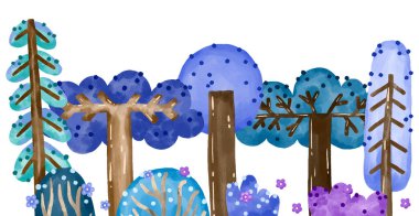 Çizgi film ağaçları kompozisyonu. Doğa manzarası suluboya çizimi