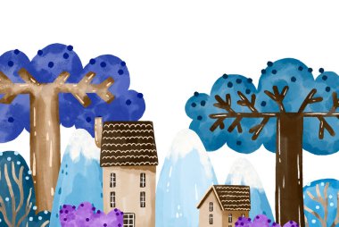 Renkli ağaçlar, dağlar ve evler ile manzara kompozisyonu. El çizimi suluboya doğa manzarası